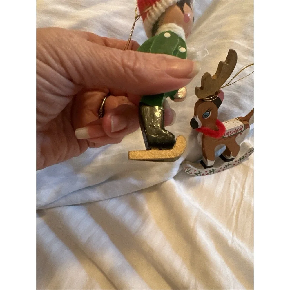 Vintage Kurt Adler Santa's Reindeer Dasher & SkierChristmas Ornament Wooden 1977